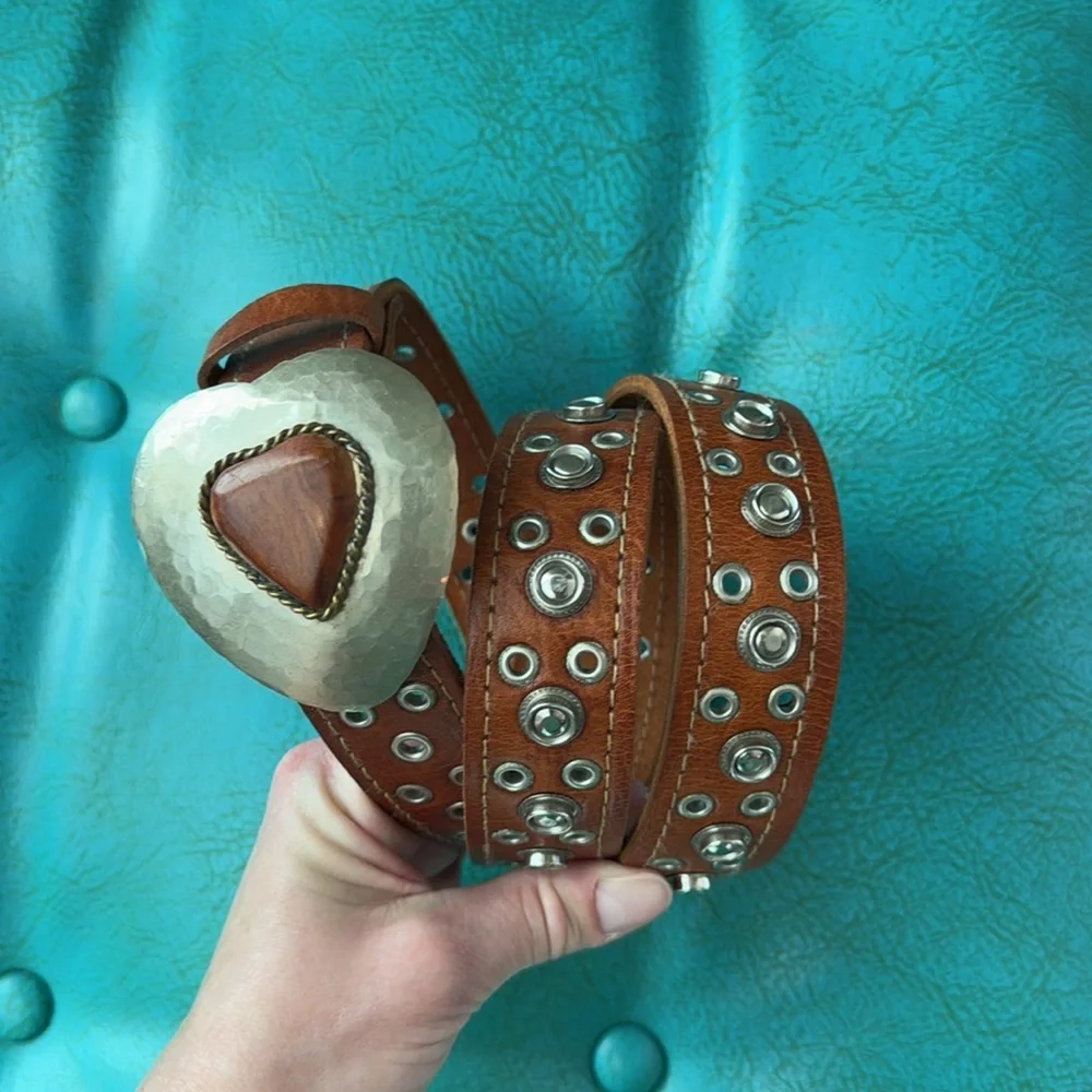Chicos brown leather studded belt with hammered silver tone heart buckle M/L